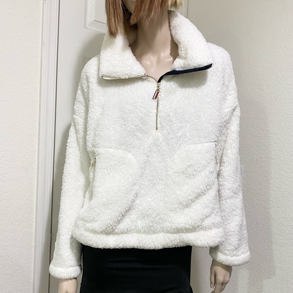 TOMMY HILFIGER Ivory White Teddy Soft Plush 1/4 Zip Sweater Size L - Picture 1 of 14